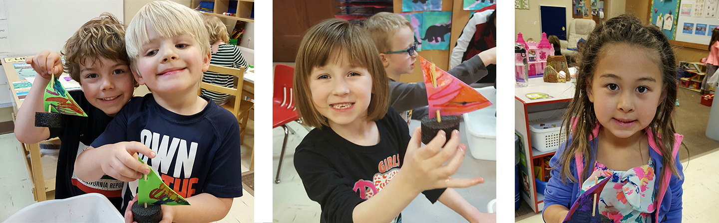 trois photos d'élèves explorateurs juniors jouant dans la salle de classe